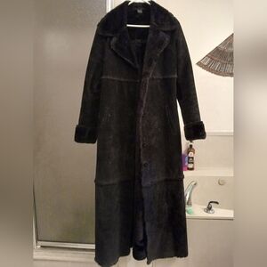 Express Black Suede Leather/faux Fur Full Length Coat. VINTAGE SZ.L.